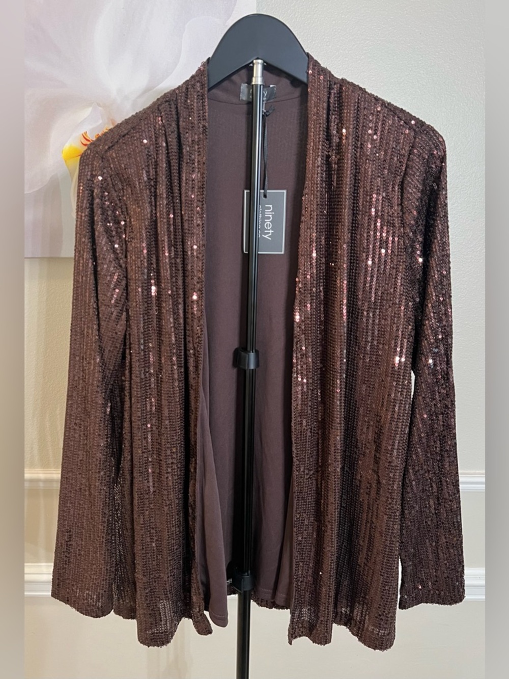 Ninety Women’s Brown Sequin Open-Front Long Sleeve Cardigan Blouse! Size Small.